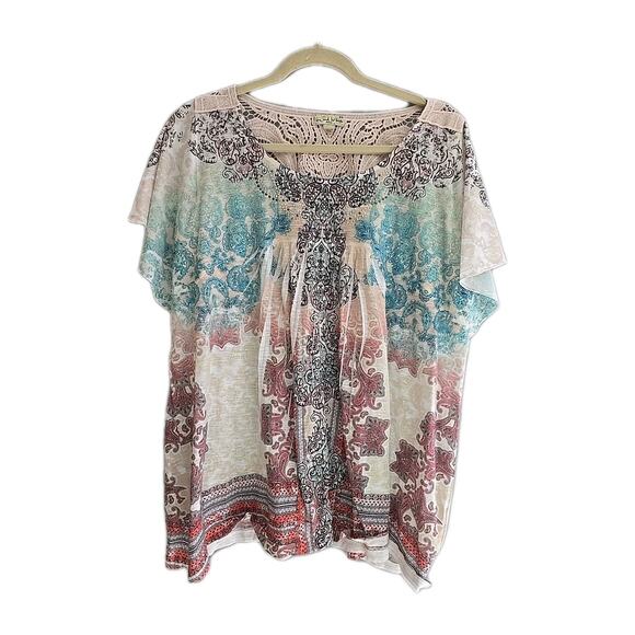 Live and Let Live Pink Blue Paisley Embellished Short Sleeve Top Womans Size 2X - Picture 1 of 6